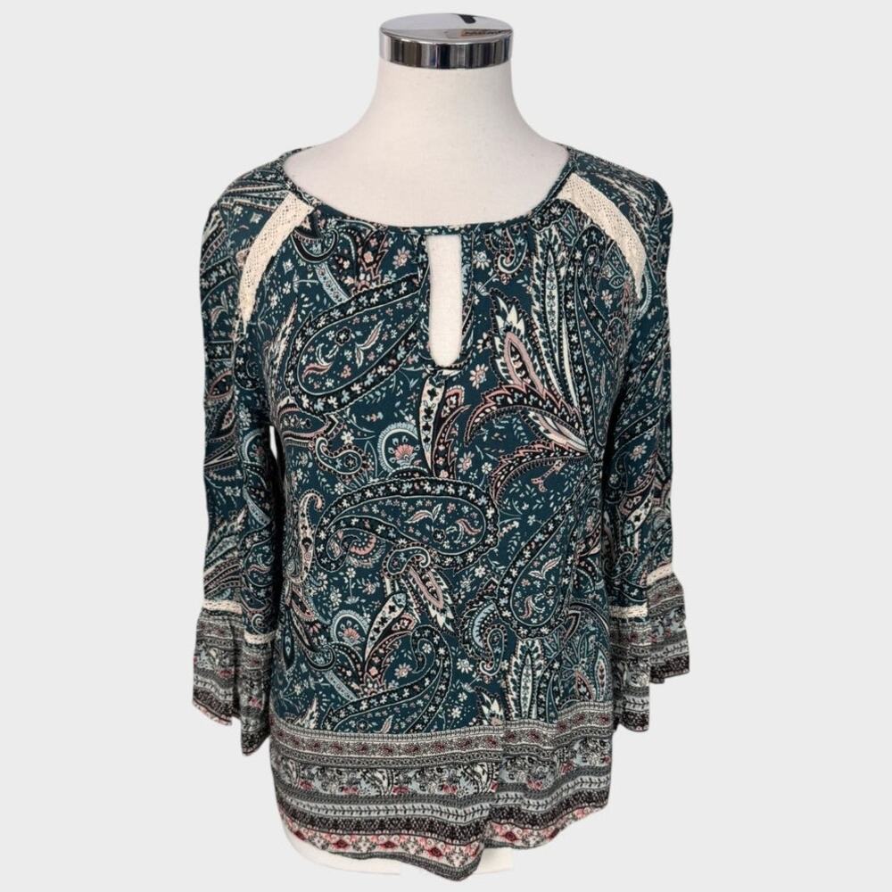 Artesia 3/4 Sleeve Small Blouse Navy Blue White Paisley 100% Rayon